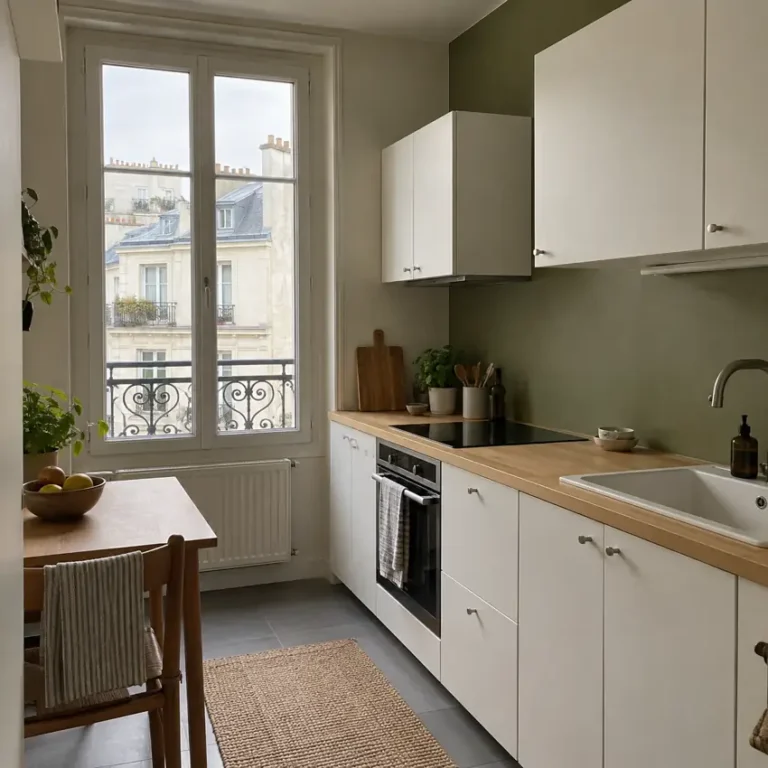 Cuisine simple aux murs blanc cassé et vert olive