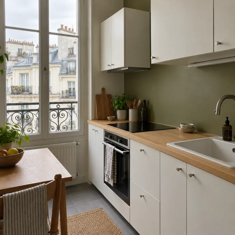 Cuisine aux murs olive douce à Paris, angle complémentaire 1