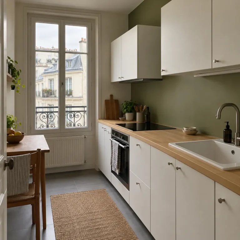 Cuisine aux murs olive douce à Paris, angle complémentaire 2
