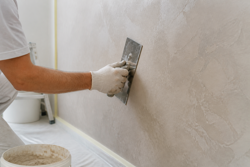 Application d’un enduit décoratif texturé sur un mur intérieur préparé