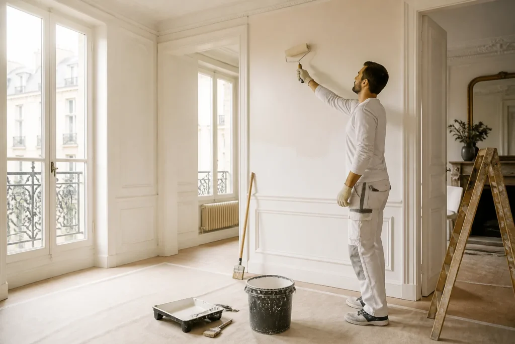 Peintre appliquant une peinture claire dans un appartement parisien protégé