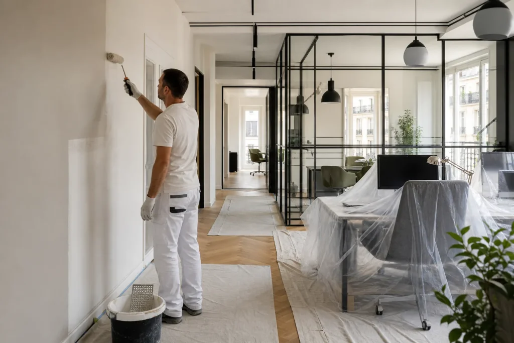 Peintre intervenant dans un espace de bureaux protégé à Paris