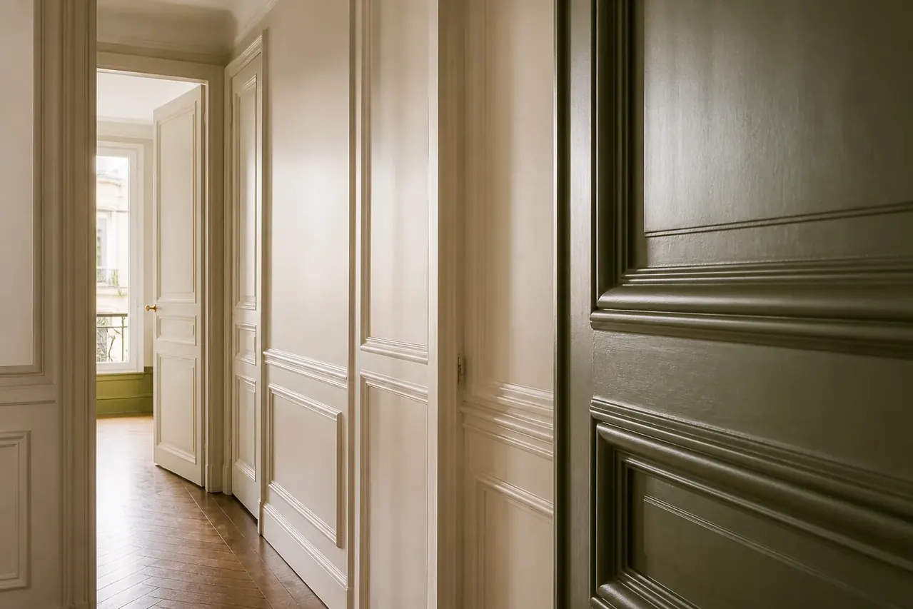 Portes, boiseries et moulures peintes dans un intérieur parisien
