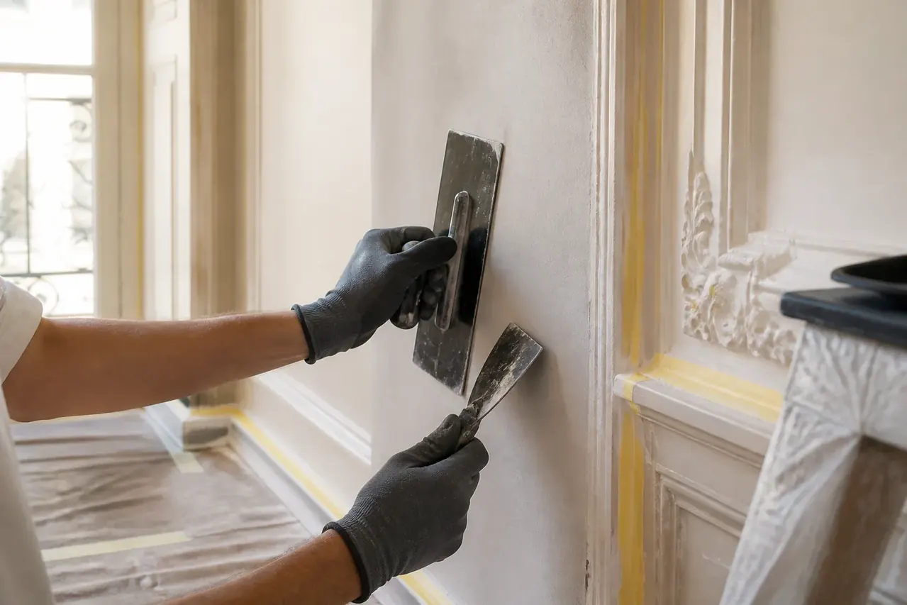 Préparation soignée d’un mur près de moulures avant peinture