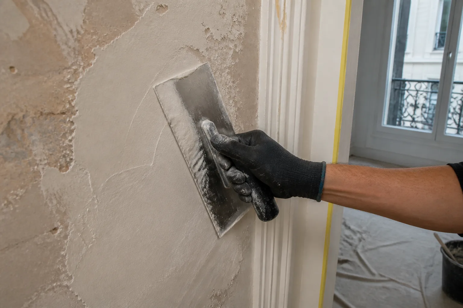 Application d’enduit sur un mur ancien près d’un encadrement protégé