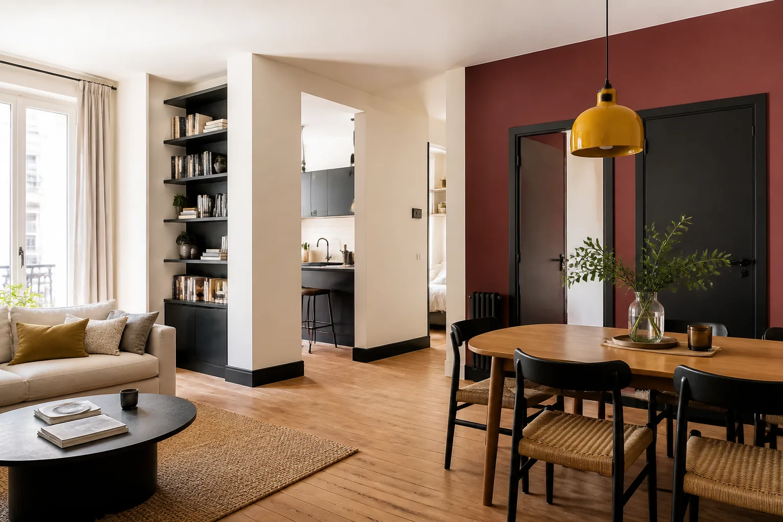 Pièce de vie avec mur rouge brique, portes anthracite et suspension jaune