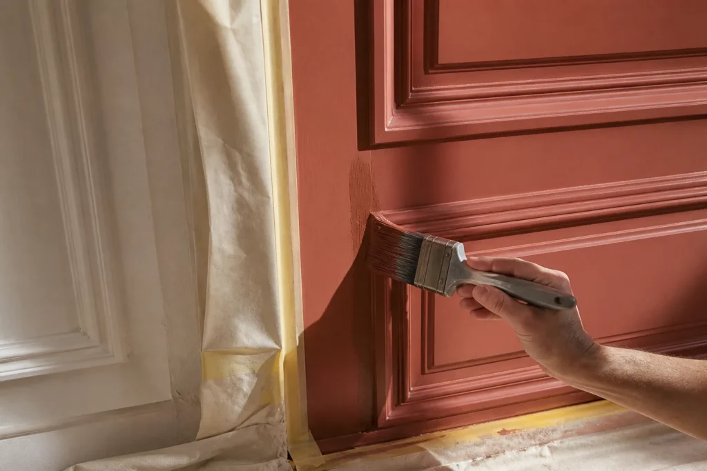 Application d’une peinture satinée terracotta sur une porte moulurée protégée