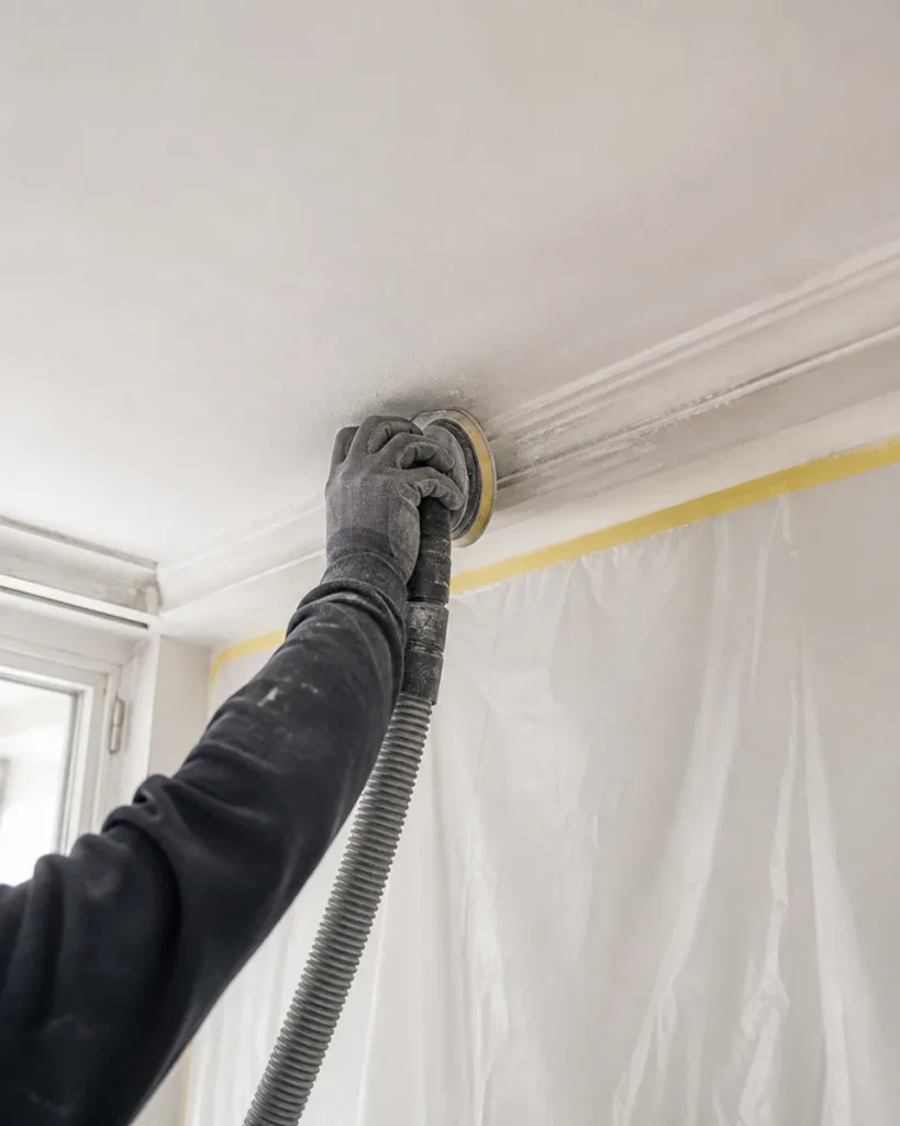 Ponçage d’une corniche et préparation du plafond avec protection anti-poussière