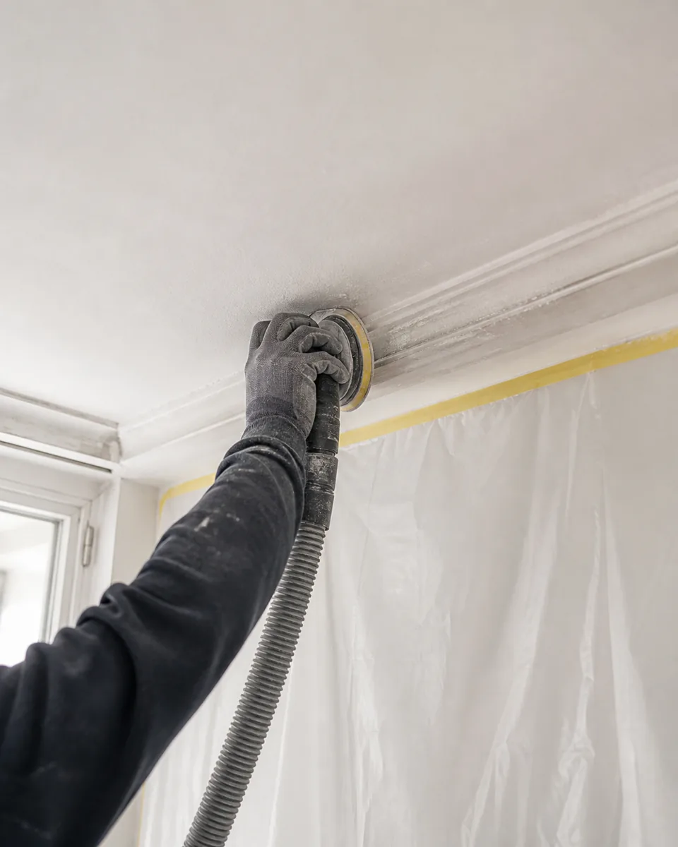 Ponçage d’une corniche et préparation du plafond avec protection anti-poussière