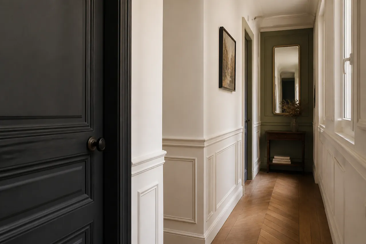 Couloir parisien avec portes et boiseries peintes