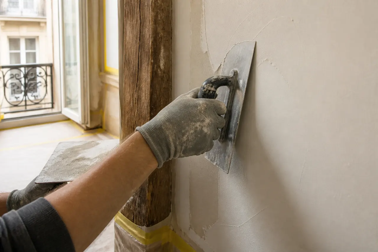 Préparation à l’enduit d’un mur intérieur près de boiseries