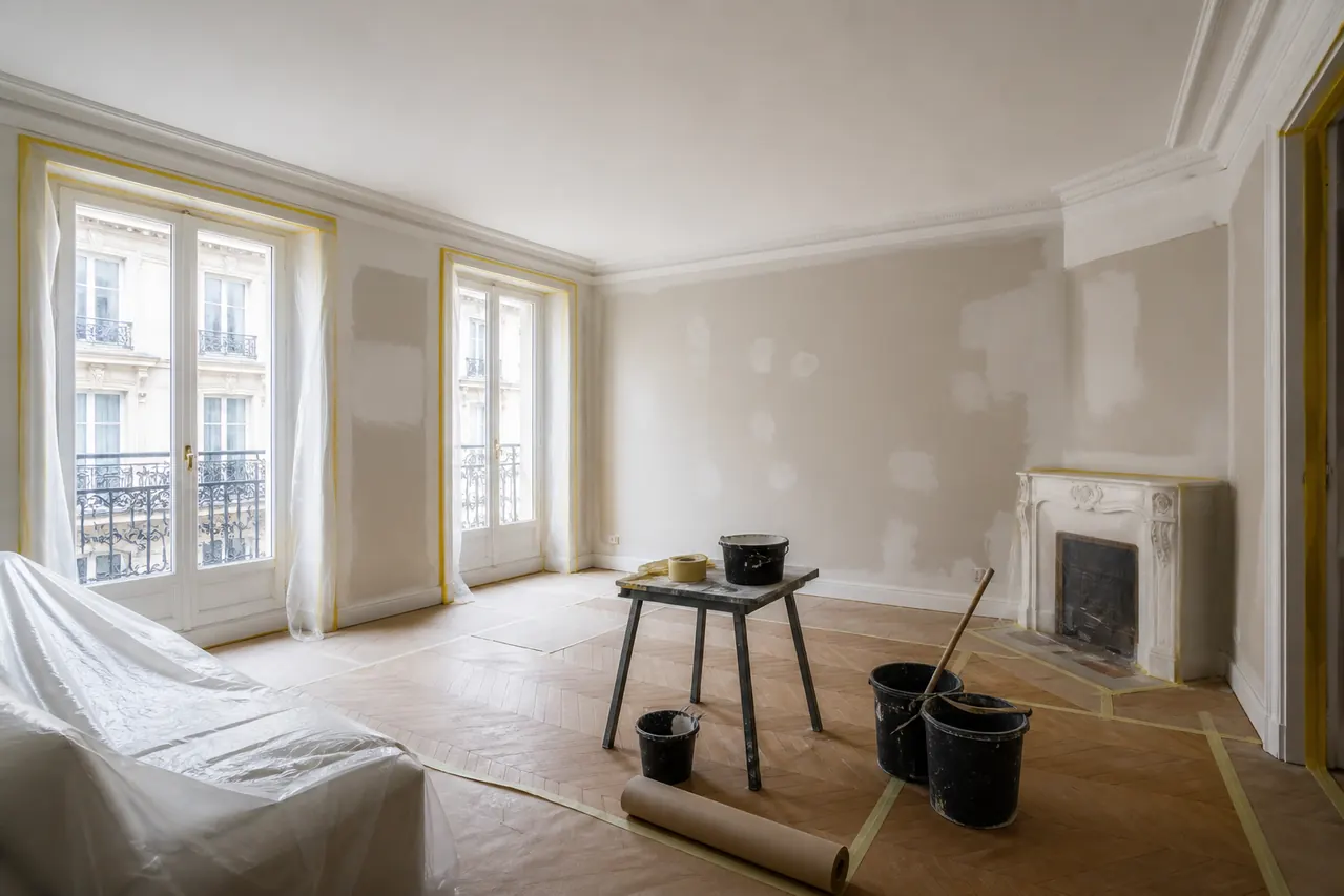 Préparation soignée de murs dans une pièce parisienne