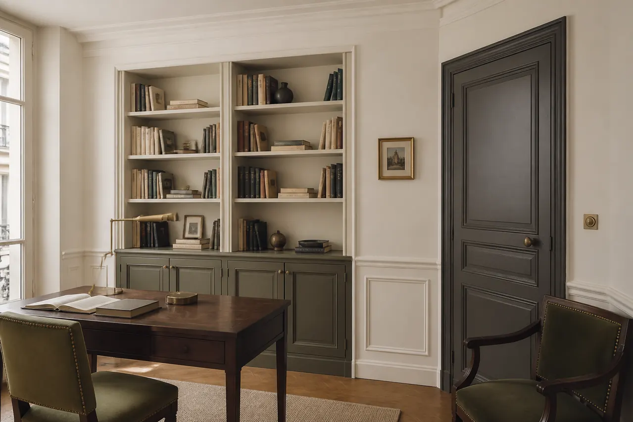 Bureau parisien aux murs peints, bibliothèque et porte anthracite