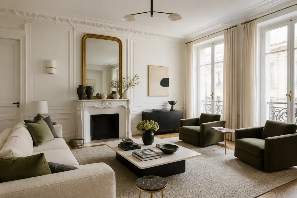 Salon parisien lumineux avec murs, plafond et moulures peints