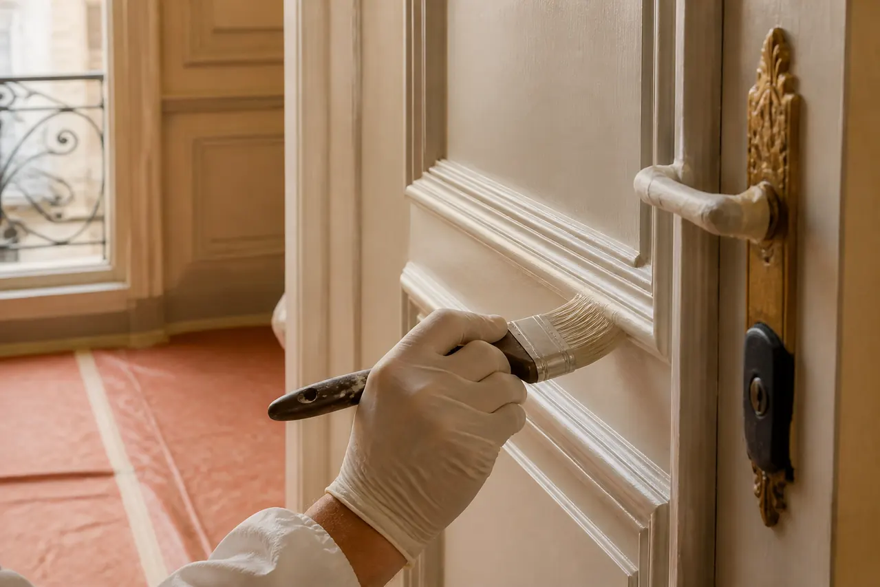 Application précise d’une finition sur une porte moulurée avec protection terracotta