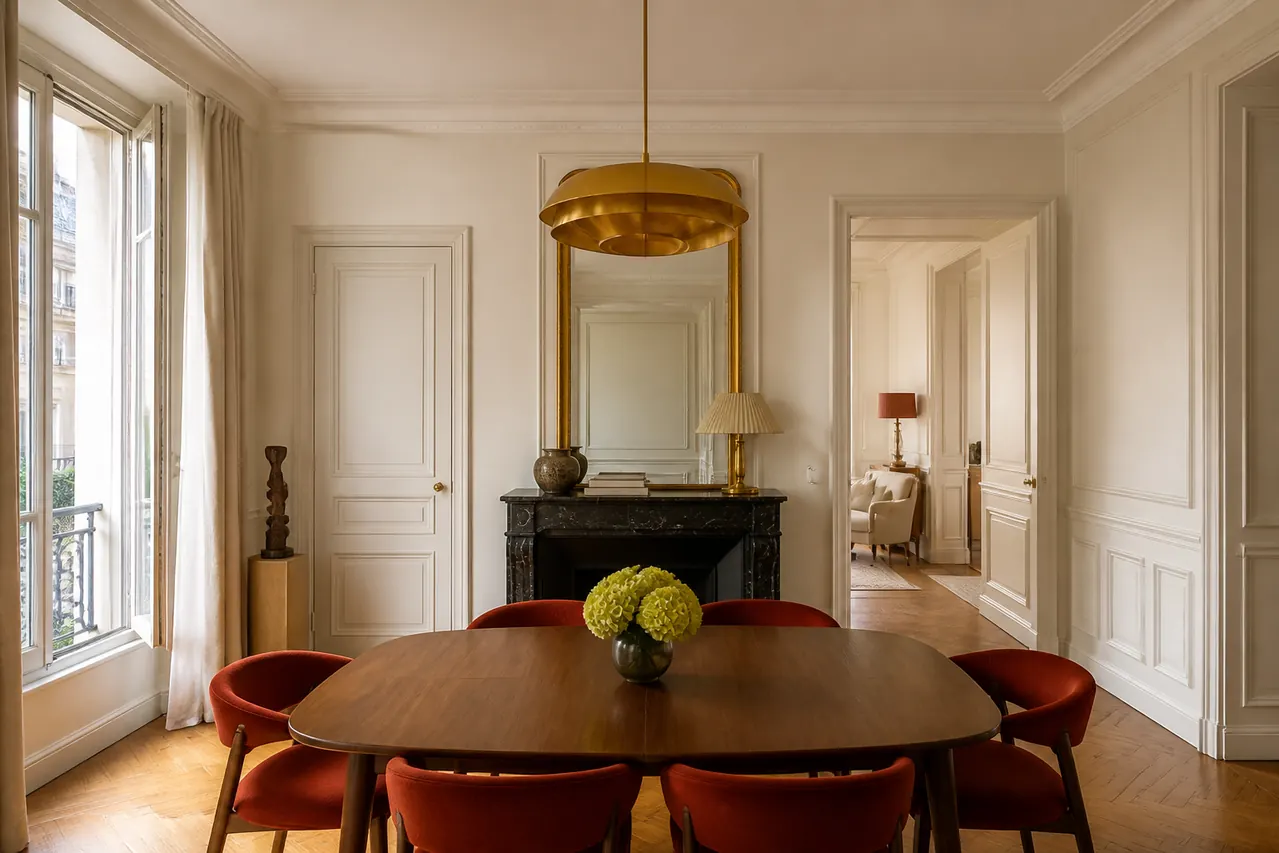 Salle à manger aux murs peints avec chaises rouge brique et luminaire doré