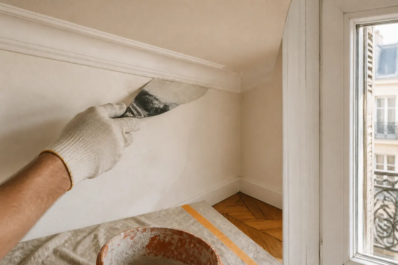 Application d’enduit près d’une corniche dans un intérieur parisien