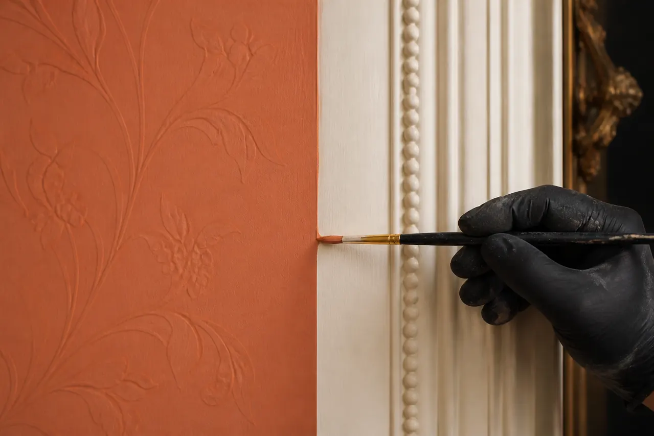 Finition terracotta appliquée avec précision près d’une moulure ivoire