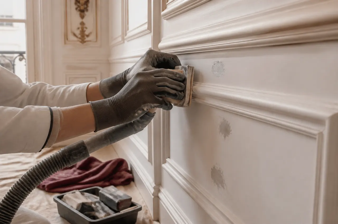 Ponçage professionnel d’une boiserie moulurée avant peinture