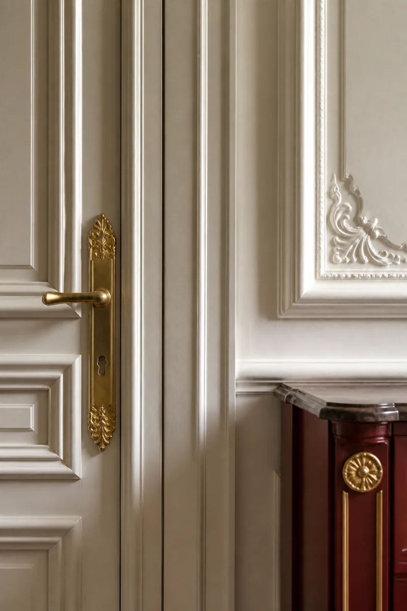 Porte et boiseries ivoire avec quincaillerie dorée et détail rouge profond