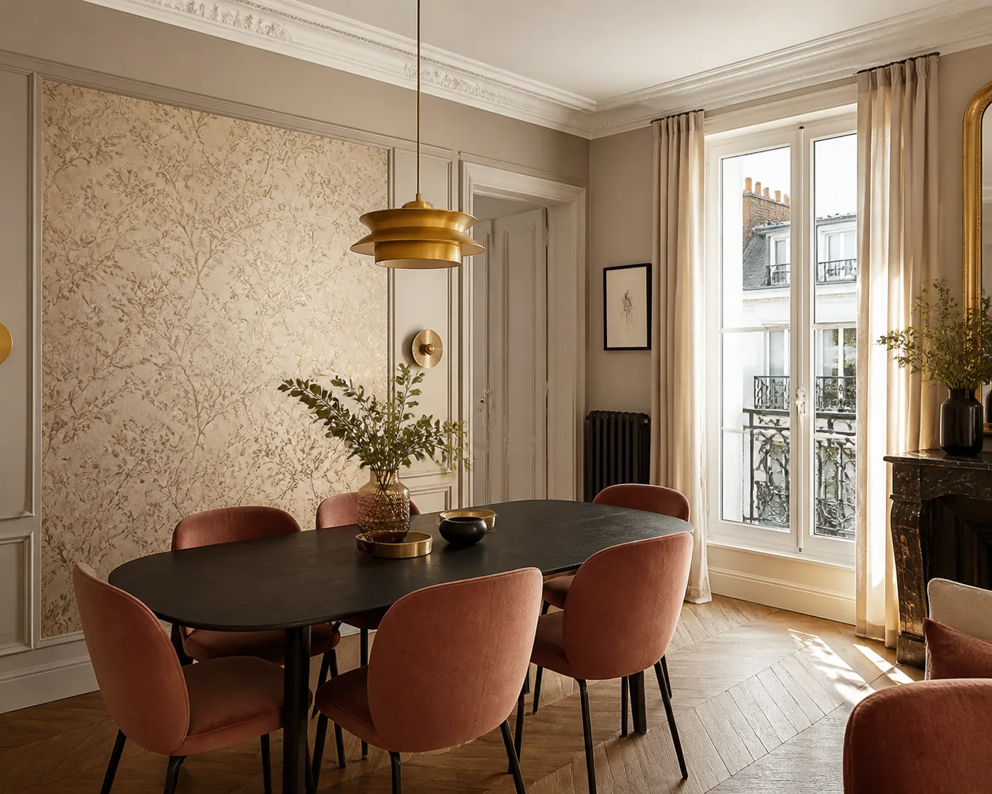 Salle à manger parisienne avec papier peint discret, suspension dorée et chaises terracotta