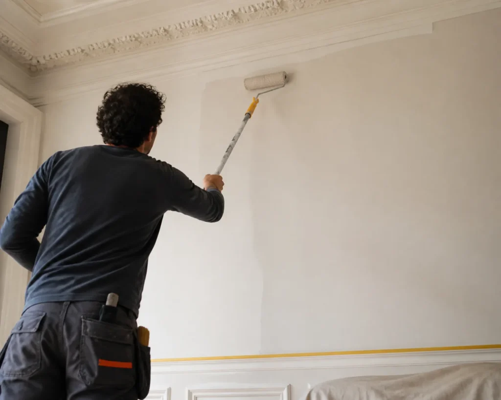 Application d’une peinture murale sous une corniche dans un intérieur parisien