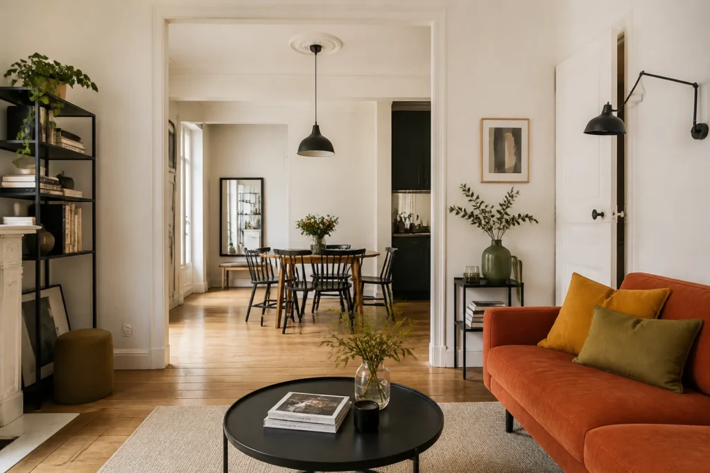 Appartement parisien lumineux avec canapé terracotta et coussins jaune moutarde