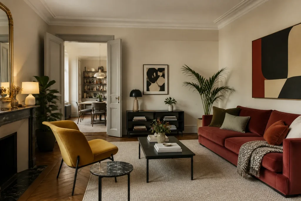 Salon parisien chaleureux avec canapé rouge brique et fauteuil jaune moutarde