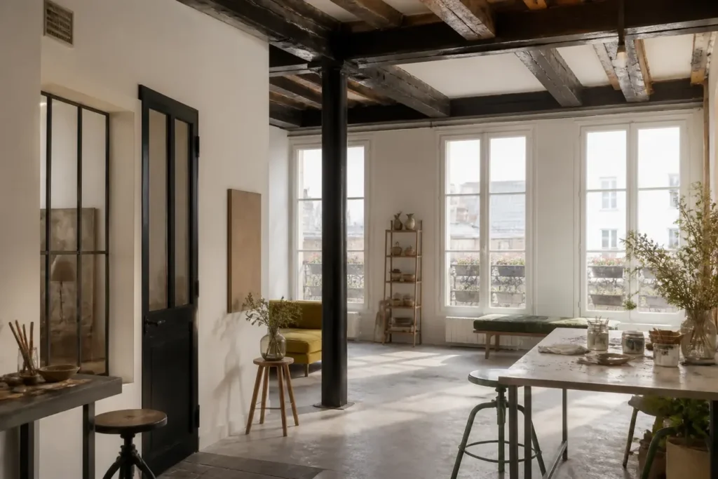 Intérieur parisien avec poutres et murs clairs dans le 2e arrondissement