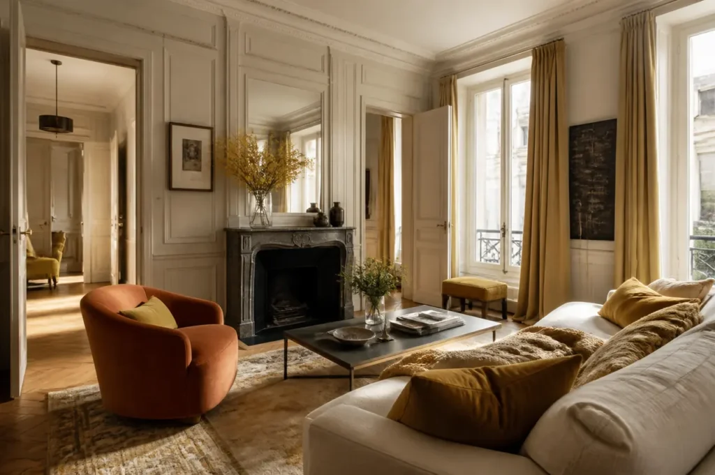 Salon parisien chaleureux avec fauteuil terracotta et accents ocre dans le 7e arrondissement