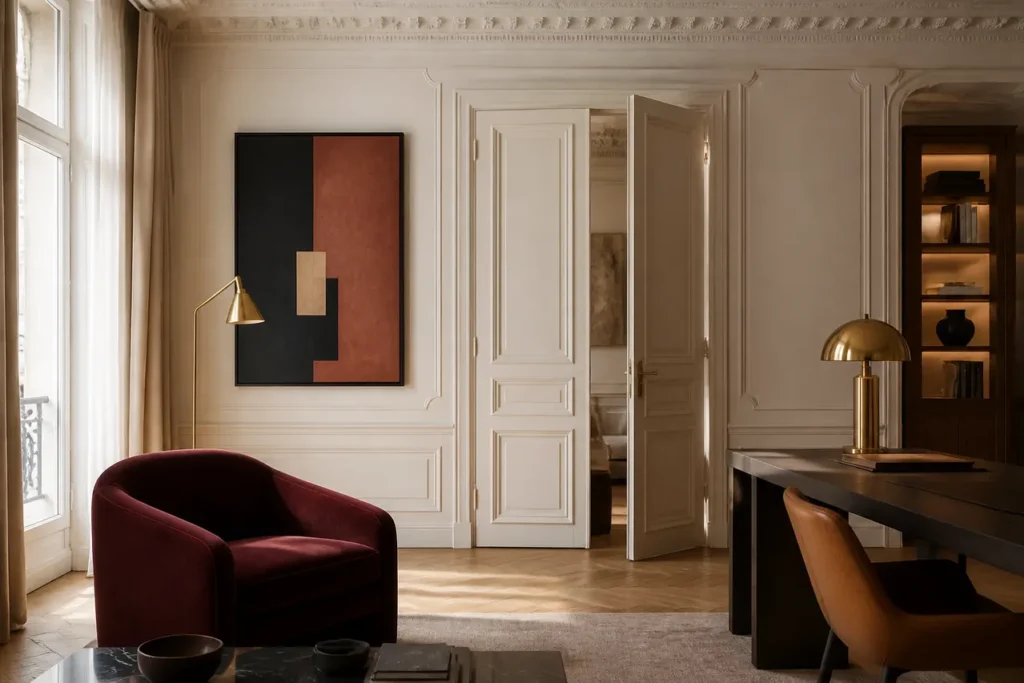 Intérieur parisien élégant avec fauteuil bordeaux et luminaires dorés dans le 8e arrondissement