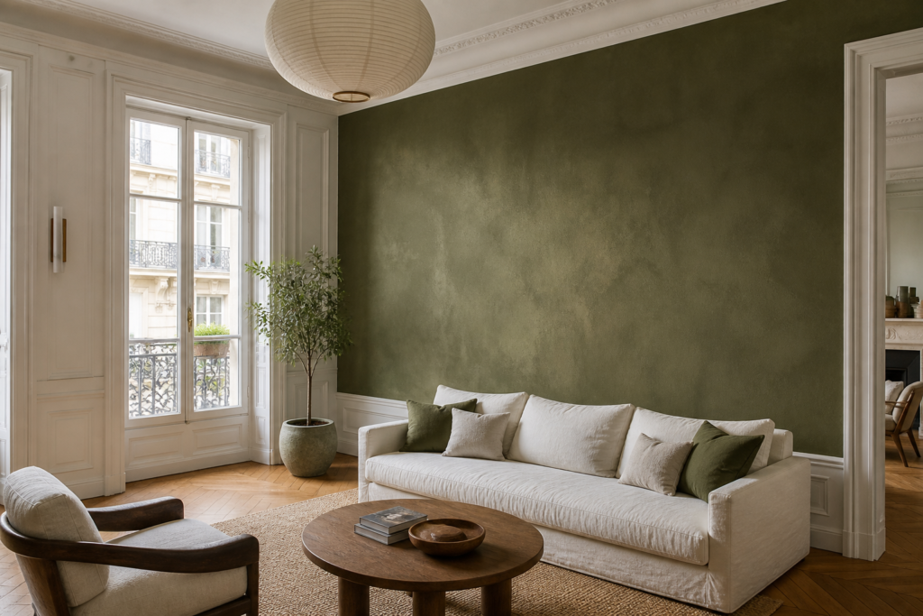 Mur décoratif texturé dans un intérieur parisien aux tons olive