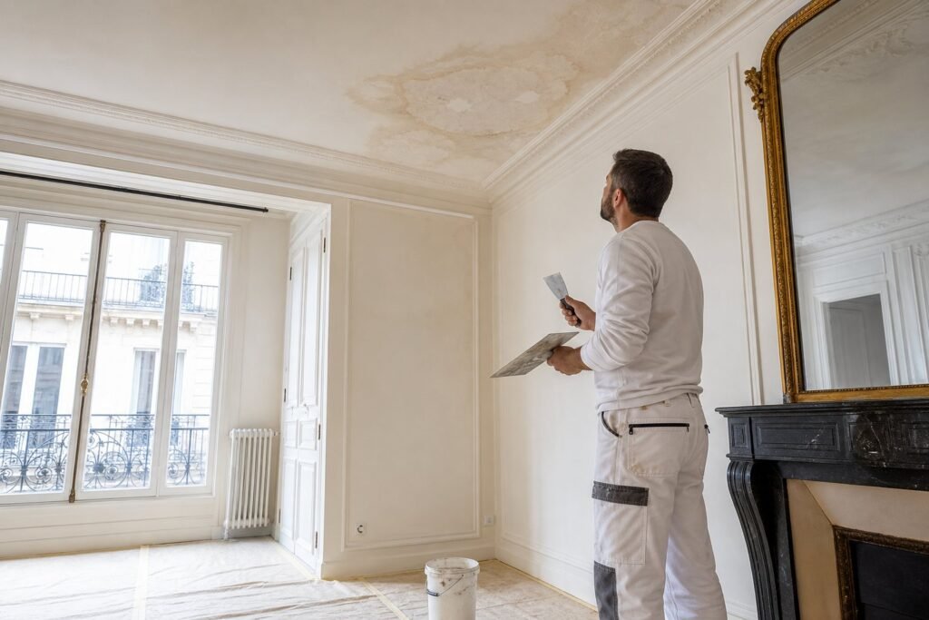 Peintre évaluant un plafond sec marqué par un ancien dégât des eaux dans un appartement parisien