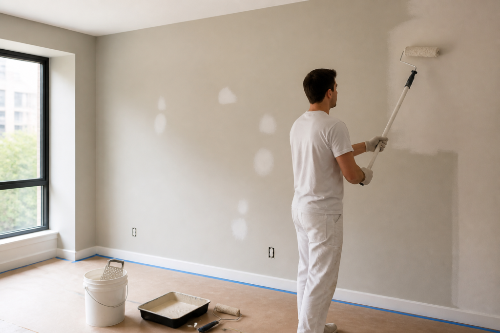 Application d’une peinture neutre sur un mur préparé dans un appartement vide