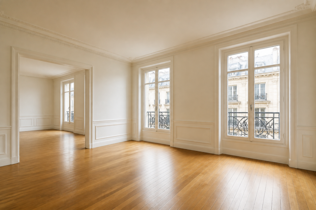 Appartement parisien vide avec murs et plafonds aux teintes neutres
