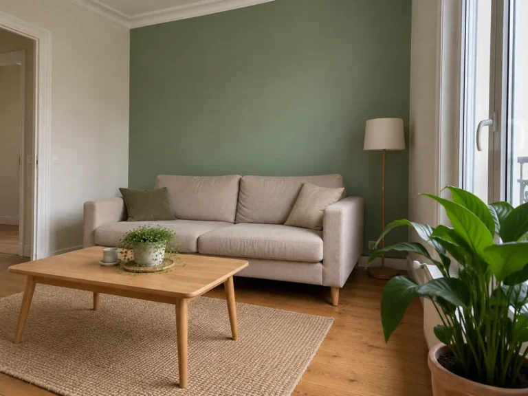 Séjour aux murs vert sauge à Paris, angle complémentaire 1