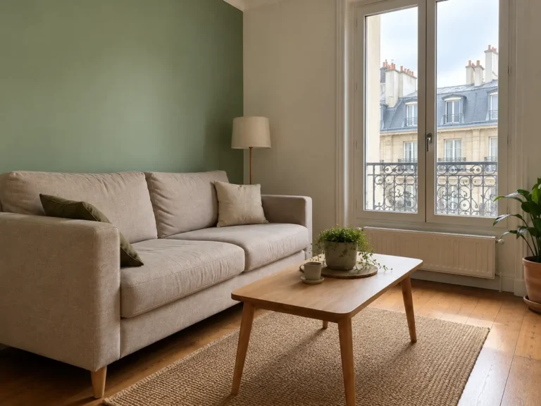 Séjour aux murs vert sauge à Paris, angle complémentaire 2