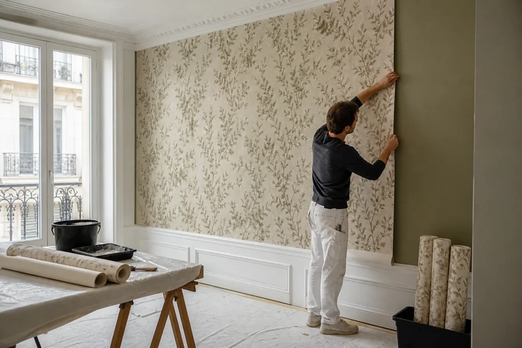 Pose soignée d’un papier peint décoratif sur un mur préparé