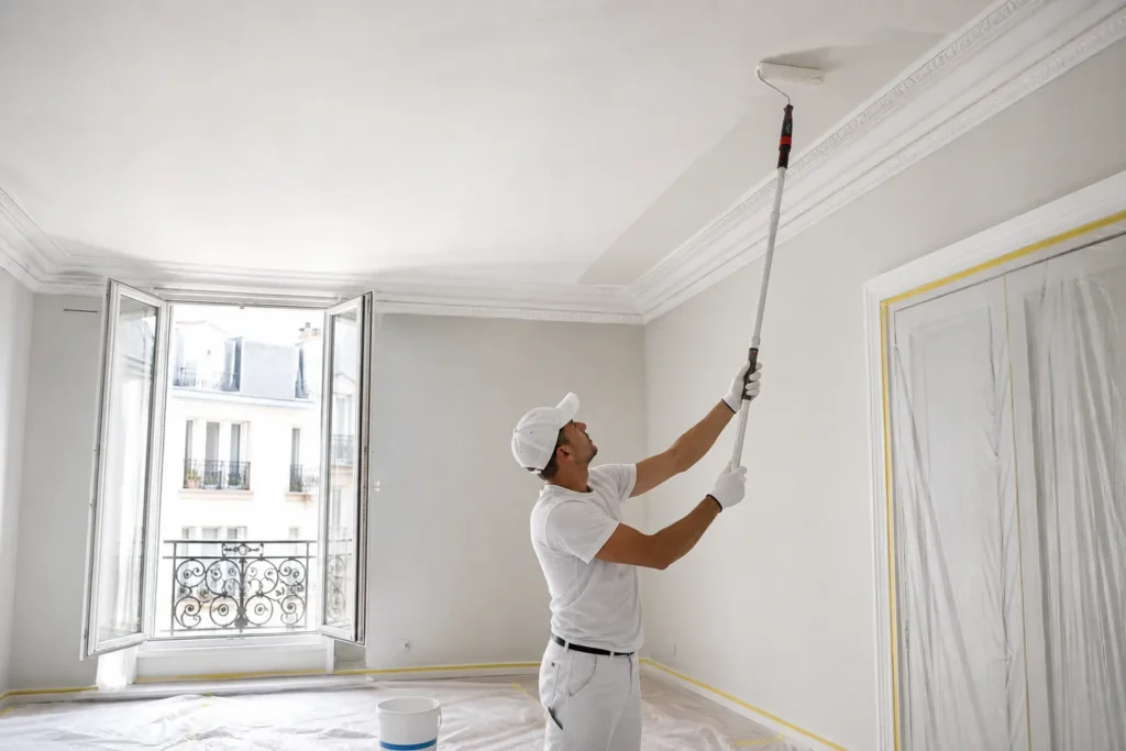 Application de peinture sur un plafond et finitions nettes avec les murs