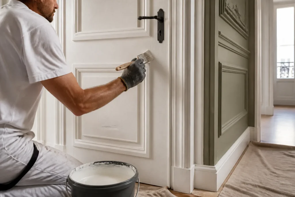 Application d’une finition satinée sur une porte intérieure et ses moulures