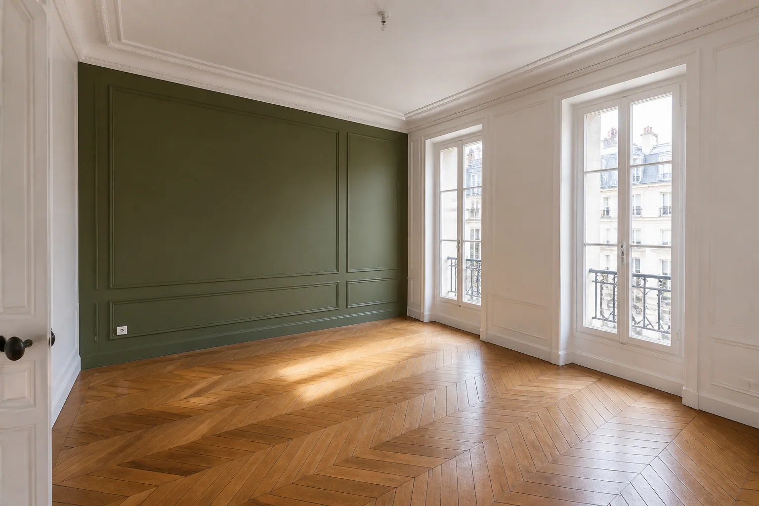 Intérieur fraîchement peint aux teintes claires et olive