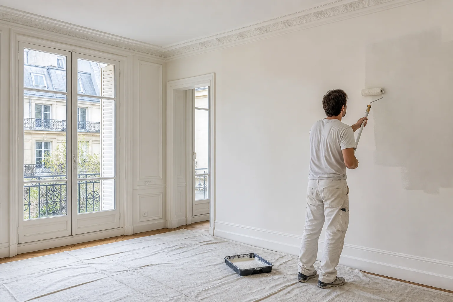 Peintre appliquant une peinture claire dans un intérieur parisien protégé