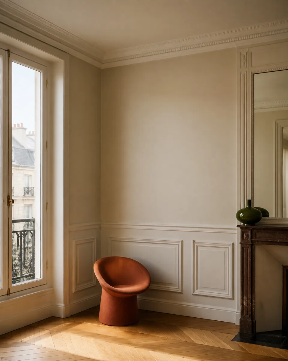 Angle d’appartement aux murs neutres et boiseries blanches