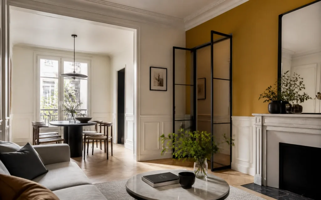 Appartement parisien aux murs ivoire et ocre, avec boiseries blanches