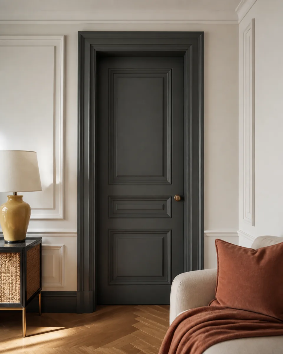 Porte et encadrement peints en charbon dans un intérieur clair