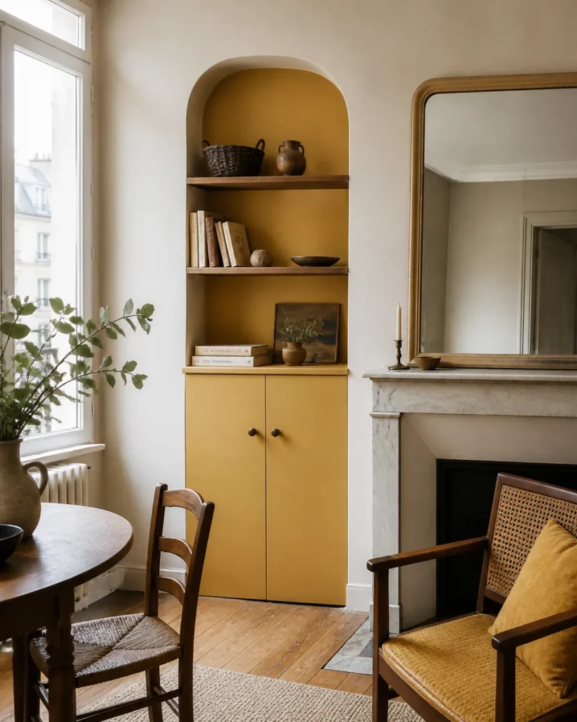 Niche intégrée peinte en jaune ocre dans un appartement parisien