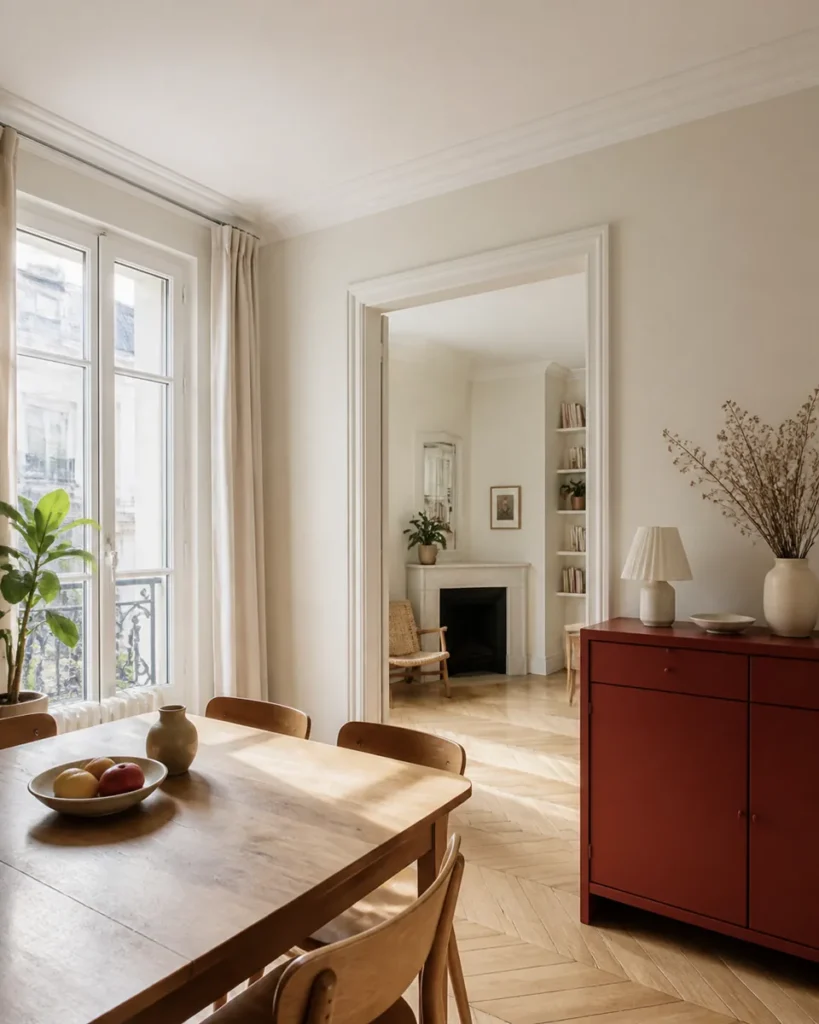 Salle à manger claire avec plafond peint et meuble rouge brique