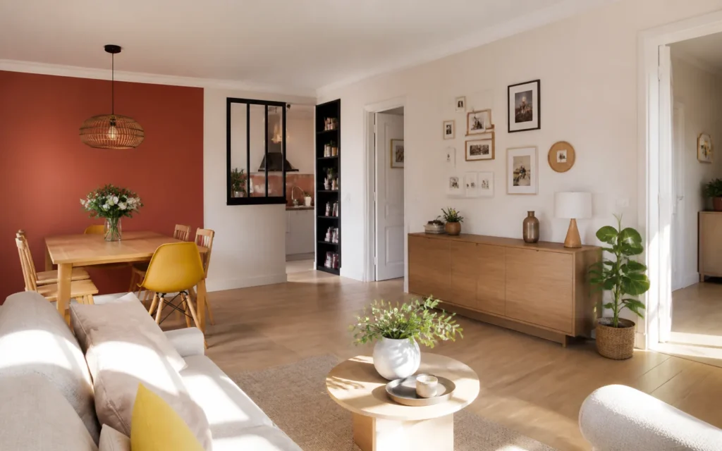 Appartement familial clair avec mur terracotta et chaise jaune