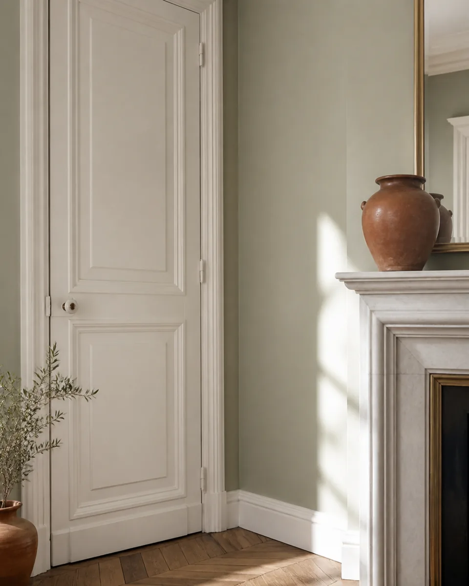 Porte blanche et mur vert grisé avec finition nette