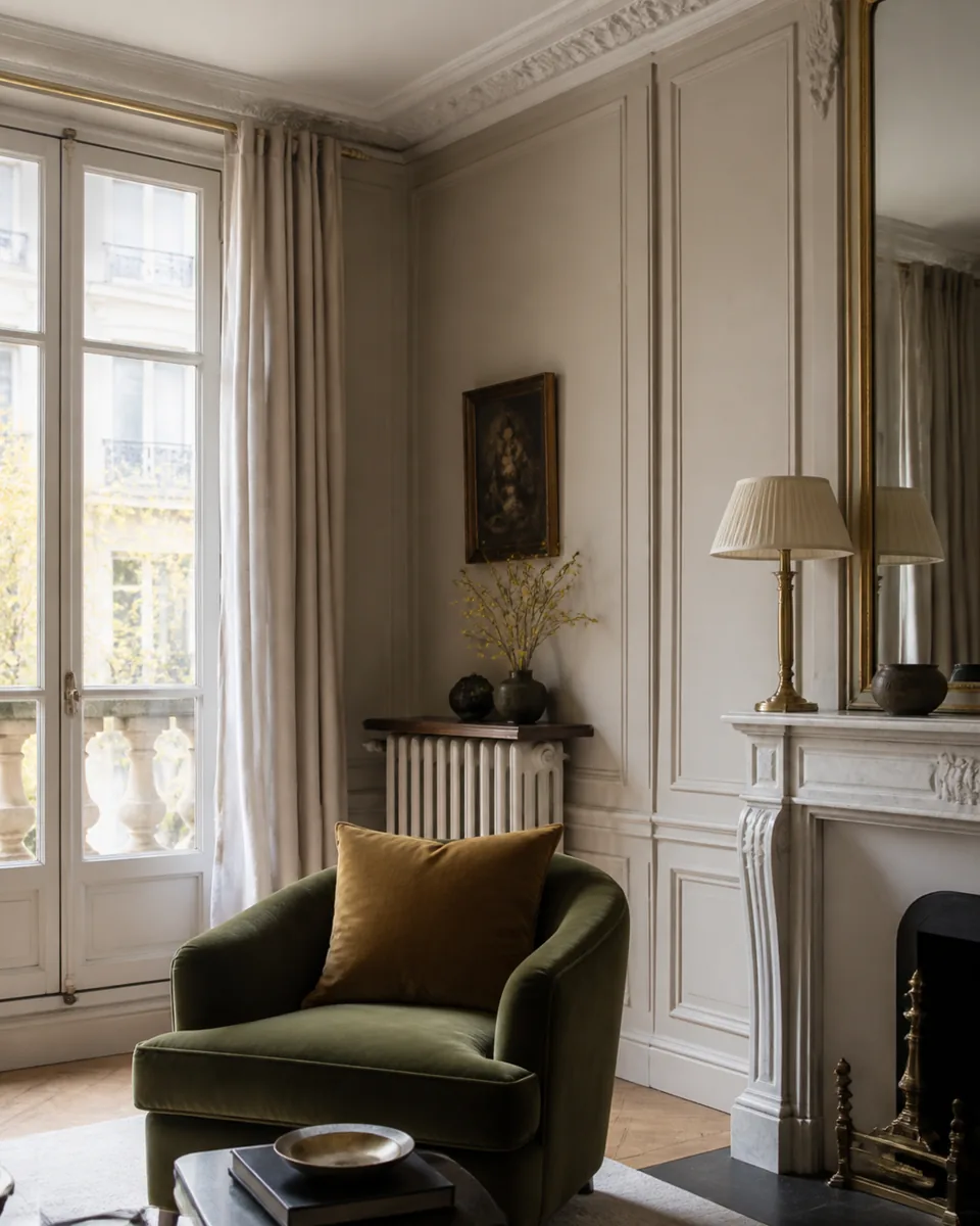 Salon aux boiseries claires et fauteuil olive